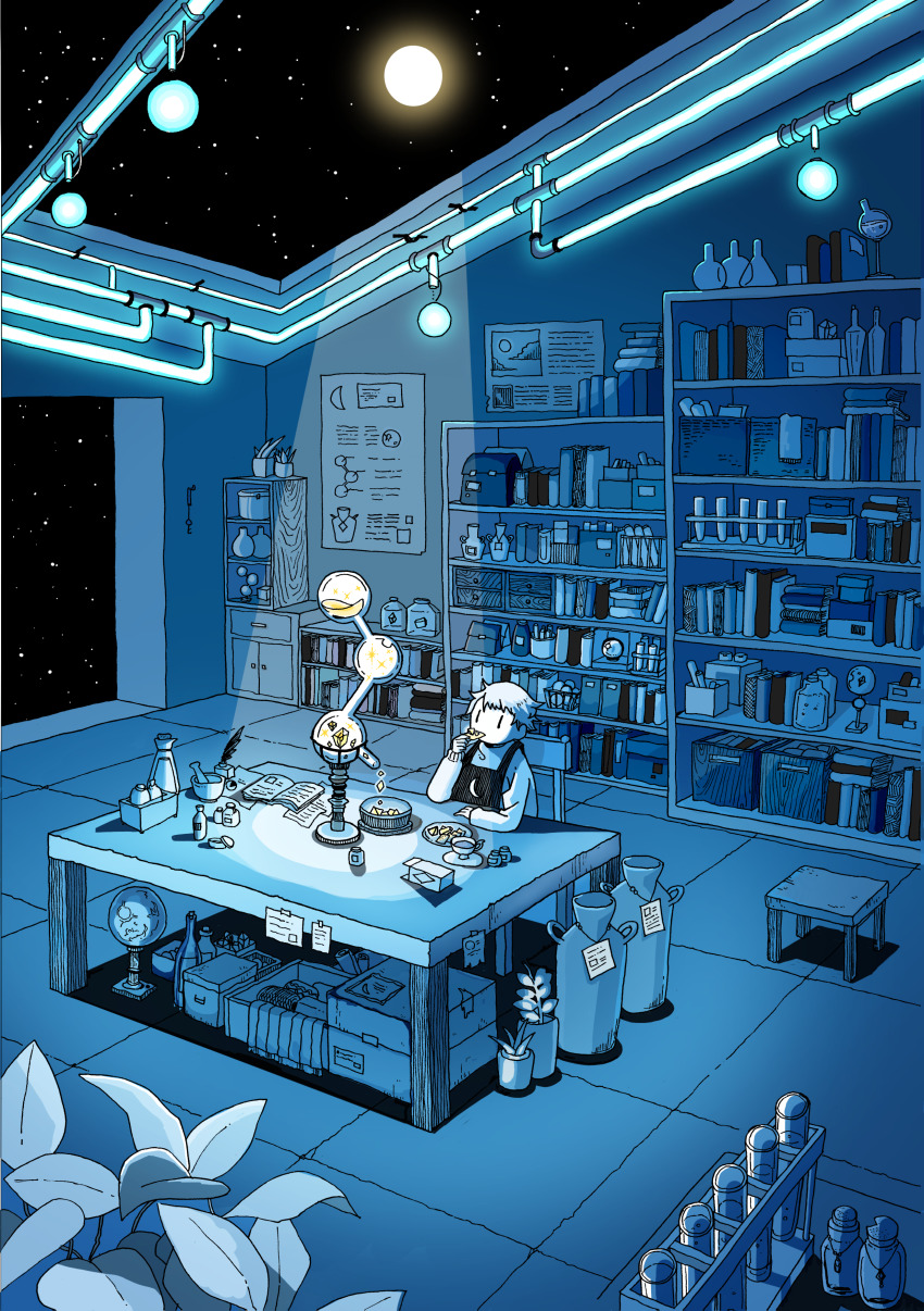 1boy, absurdres, alchemy, apron, backpack, bag, blue_theme, book