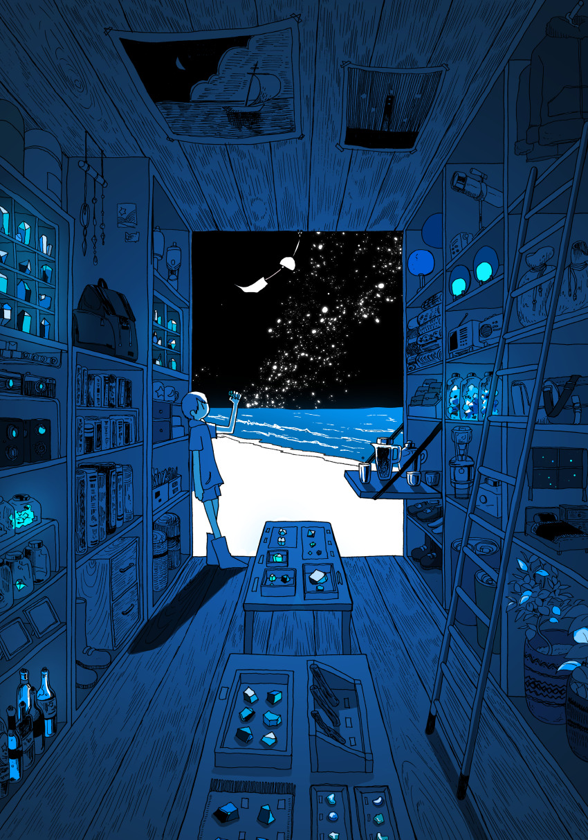 1boy, absurdly_detailed_composition, absurdres, backpack, bag, beach, blue_theme, book