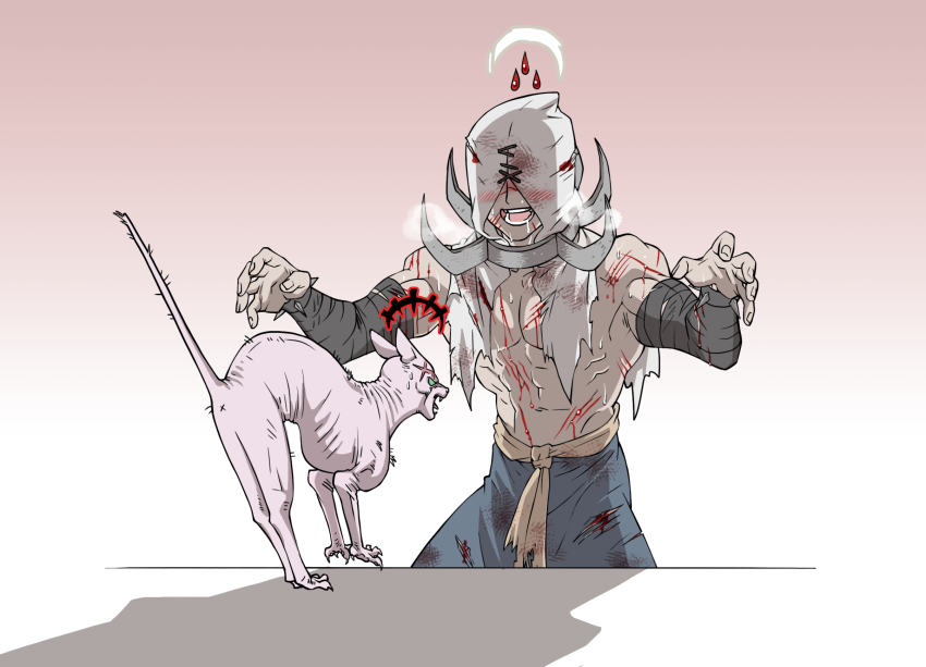 1boy, affliction_(darkest_dungeon), blood, cat, collar, darkest_dungeon, drooling, flagellant_(darkest_dungeon)