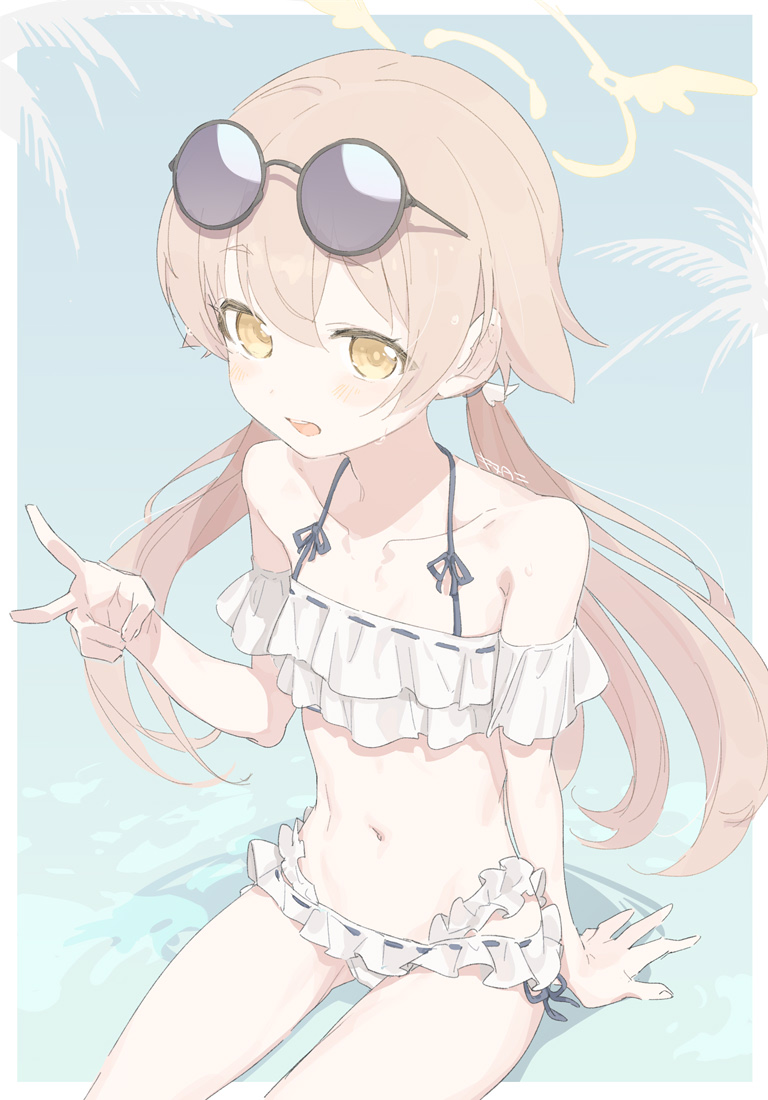 1girl, bare_shoulders, bikini, blue_archive, blush, border, brown_hair, collarbone