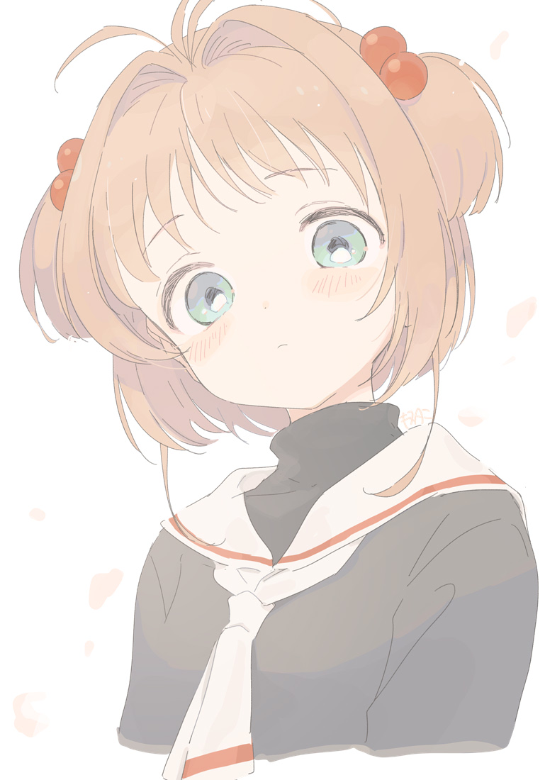 1girl, antenna_hair, black_shirt, blouse, blush, brown_hair, cardcaptor_sakura, closed_mouth