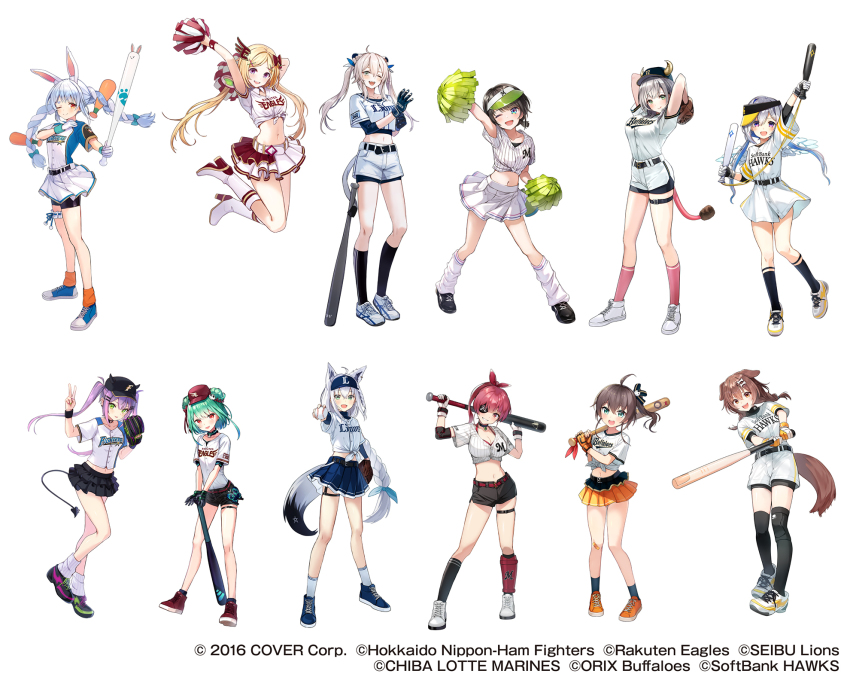 6+girls, ahoge, aki_rosenthal, alternate_costume, alternate_hairstyle, amane_kanata, animal_ears, arms_behind_head, arms_up, baseball_bat, baseball_cap, baseball_glove, baseball_hair_ornament, baseball_jersey, baseball_uniform, belt, bike_shorts, black_hair, blonde_hair, blue_eyes, blue_hair, bone_hair_ornament, boots, bow, braid, breasts, brown_hair, cat_hair_ornament, cheerleader, chiba_lotte_marines, closed_mouth, company_name, copyright_notice, crop_top, demon_tail, dog_ears, dog_tail, don-chan_(usada_pekora), ebi_frion_(natsuiro_matsuri), eyepatch, fake_animal_ears, fake_tail, fangs, fingerless_gloves, floating_hair, fox_ears, fox_girl, fukuoka_softbank_hawks, full_body, glove_pull, gloves, green_hair, grey_hair, hair_bow, hair_ornament, hair_ribbon, hairclip, hat, high_heel_boots, high_heels, highres, hokkaido_nippon-ham_fighters, holding, holding_baseball_bat, hololive, houshou_marine, inugami_korone, jersey, jumping, kagawa_ichigo, kneehighs, large_breasts, light_blue_hair, lion_ears, lion_tail, long_braid, long_hair, medium_breasts, medium_hair, midriff, miniskirt, multicolored_hair, multiple_girls, natsuiro_matsuri, navel, nippon_professional_baseball, official_art, one_eye_closed, oozora_subaru, open_mouth, orange_eyes, orix_buffaloes, pink_hair, pleated_skirt, pom_pom_(cheerleading), ponytail, purple_eyes, rabbit_ears, red_eyes, red_hair, ribbon, saitama_seibu_lions, shirakami_fubuki, shirogane_noel, shirt, shishiro_botan, shoes, short_hair, short_shorts, short_sleeves, shorts, side_ponytail, sideways_hat, skirt, skull_hair_ornament, small_breasts, smile, sneakers, socks, sportswear, suzuki_ichirou, swinging, tail, teeth, thigh_strap, tied_shirt, tokoyami_towa, tongue, tongue_out, touhoku_rakuten_golden_eagles, twin_braids, twintails, two-tone_hair, uruha_rushia, usada_pekora, very_long_hair, virtual_youtuber, visor_cap, white_hair, wing_hair_ornament