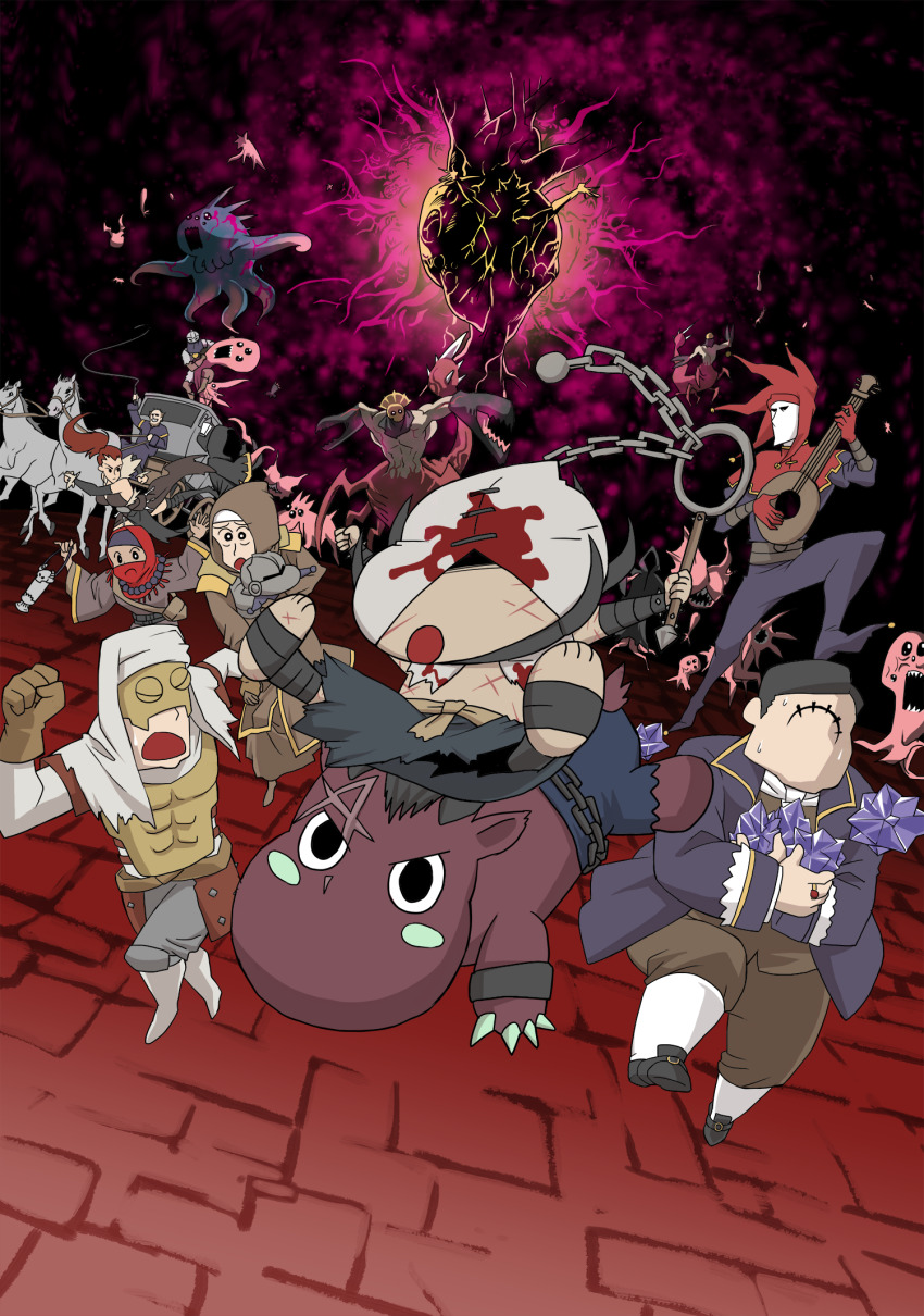 3girls, 6+boys, abomination_(darkest_dungeon), antibody_(darkest_dungeon), antiquarian_(darkest_dungeon), armor, ascot, banjo