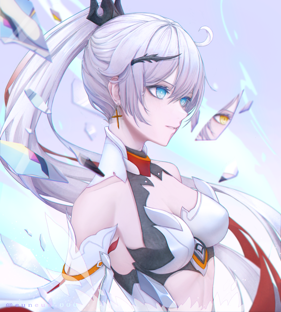 1girl, antenna_hair, bare_shoulders, blue_eyes, breasts, cleavage, different_reflection, earrings