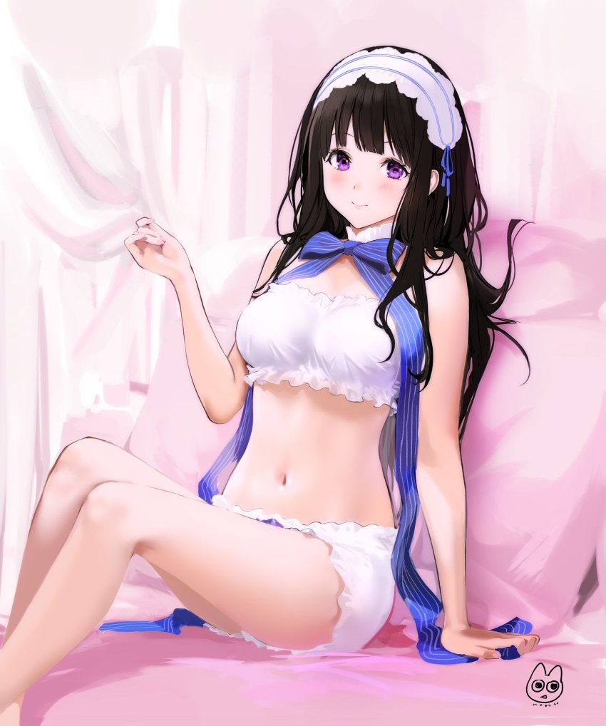 1girl, artist_logo, bandeau, bare_shoulders, black_hair, bloomers, blue_ribbon, bow, bowtie, breasts, chitanda_eru, feet_out_of_frame, frills, hand_up, headdress, highres, hyouka, logo, long_hair, looking_at_viewer, madoromi_no_yakusoku, medium_breasts, mery_(yangmalgage), midriff, navel, purple_eyes, ribbon, sitting, solo, stomach, strapless, thighs, tube_top, underwear, white_bloomers