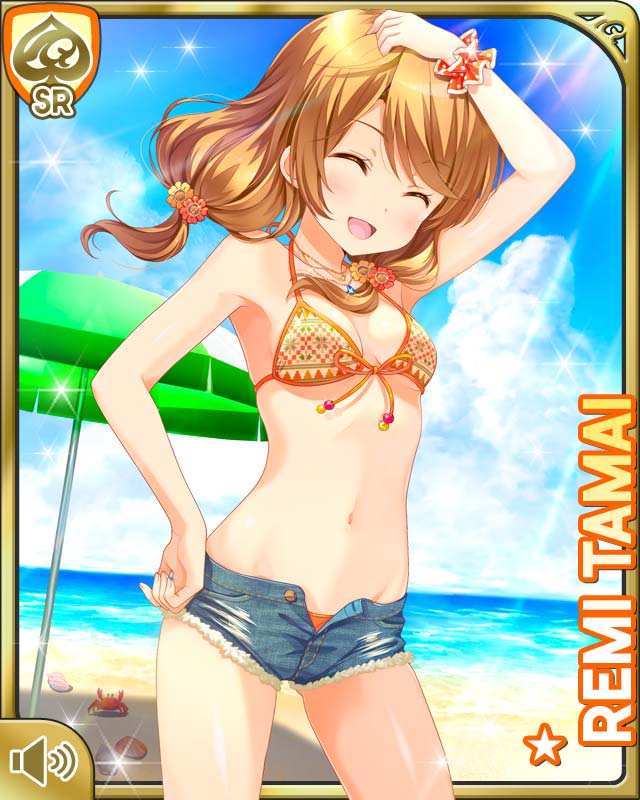 1girl, :d, arms_up, beach, bikini, bikini_top_only, brown_eyes, brown_hair, card_(medium), character_name, cowboy_shot, day, denim, denim_shorts, closed_eyes, girlfriend_(kari), legs_apart, looking_at_viewer, low_twintails, ocean, official_art, open_mouth, orange_bikini, outdoors, qp:flapper, sand, short_shorts, shorts, sky, smile, solo, standing, swimsuit, tamai_remi, thighs, twintails, water