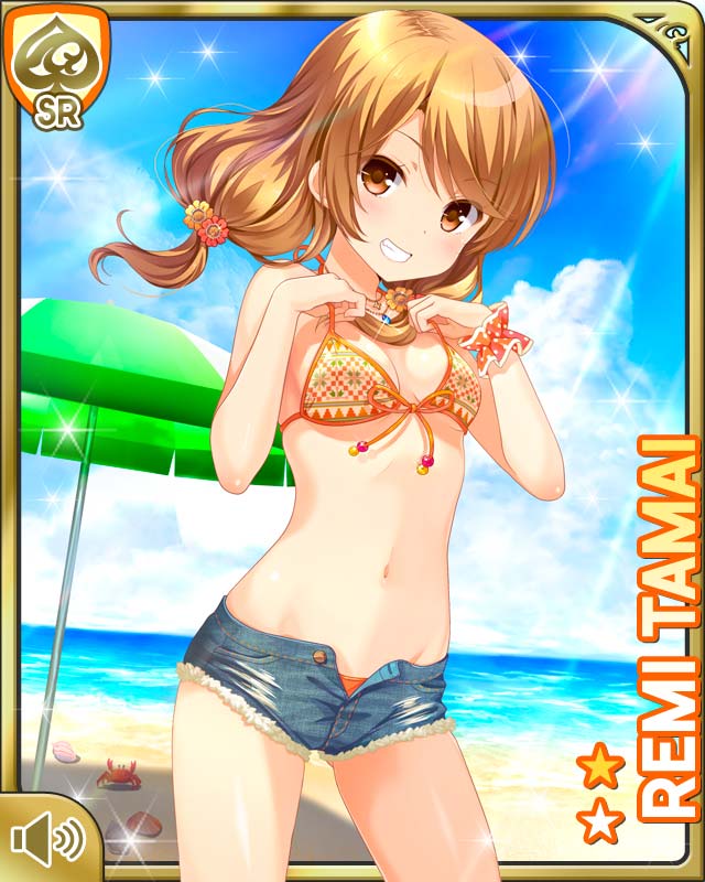 1girl, beach, bikini, bikini_top_only, blue_sky, brown_eyes, brown_hair, card_(medium)
