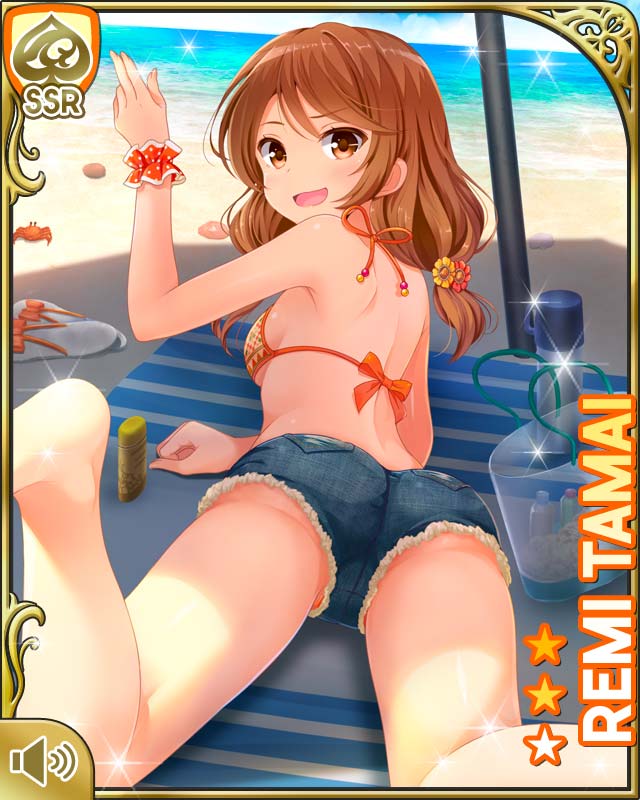 1girl, ass, beach, bikini, brown_eyes, brown_hair, card_(medium), crab, day, denim, denim_shorts, flip-flops, girlfriend_(kari), looking_at_viewer, low_twintails, lying, ocean, official_art, on_stomach, open_mouth, orange_bikini, outdoors, qp:flapper, sandals, shorts, smile, solo, swimsuit, tagme, tamai_remi, towel, twintails, upshorts