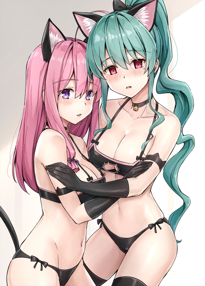 2girls, ahoge, animal_ears, aqua_hair, arm_strap, bare_shoulders, bell, black_bra, black_choker, black_gloves, black_legwear, black_panties, bow, bra, breasts, cat_cutout, cat_ears, cat_lingerie, cat_tail, choker, cleavage, cleavage_cutout, clothing_cutout, collarbone, cowboy_shot, empty_eyes, extra_ears, gloves, hair_bow, halterneck, highres, ideura_shizuri, jingle_bell, kemonomimi_mode, koyuki_(kotatsu358), large_breasts, long_hair, looking_at_viewer, medium_breasts, mole, mole_under_eye, momochi_ayame, momochi_ayame_(neet_kunoichi), multiple_girls, navel, neet_de_otaku_na_kunoichi_to_naze_ka_dousei_hajimemashita, open_mouth, panties, pink_hair, ponytail, purple_eyes, red_eyes, side-tie_panties, standing, stomach, strap_gap, string_bra, tail, thighhighs, thighs, underwear, underwear_only, very_long_hair, wavy_hair