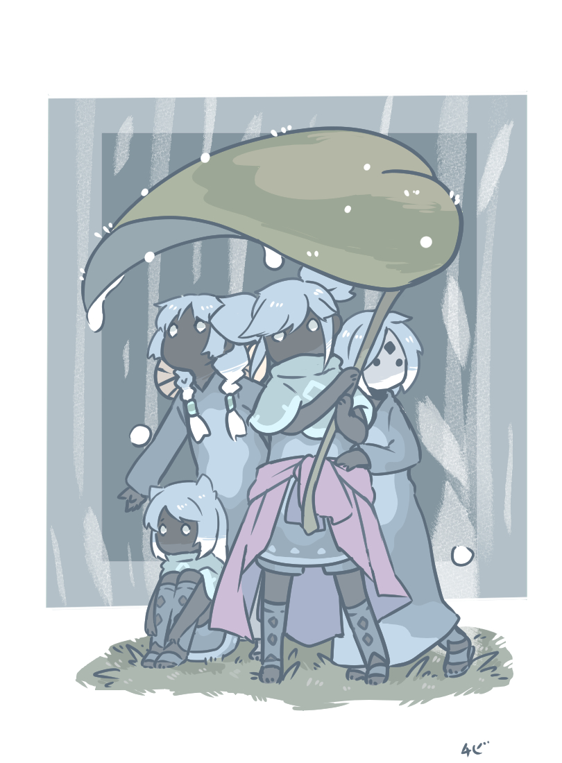 4others, aged_down, black_skin, blue_dress, blue_footwear, blue_shirt, blue_shorts, blushing_prospector, boots, braid, character_request, clothes_around_waist, colored_skin, dismayed_hunter, dress, grass, hair_flaps, holding, holding_leaf, jacket, jacket_around_waist, leaf, leaf_umbrella, long_hair, low_twin_braids, mask, multiple_others, purple_jacket, rain, shirt, short_hair, short_twintails, shorts, sitting, sky:_children_of_the_light, solid_circle_eyes, toeless_footwear, tomoetatibana, twin_braids, twintails, white_eyes, white_hair