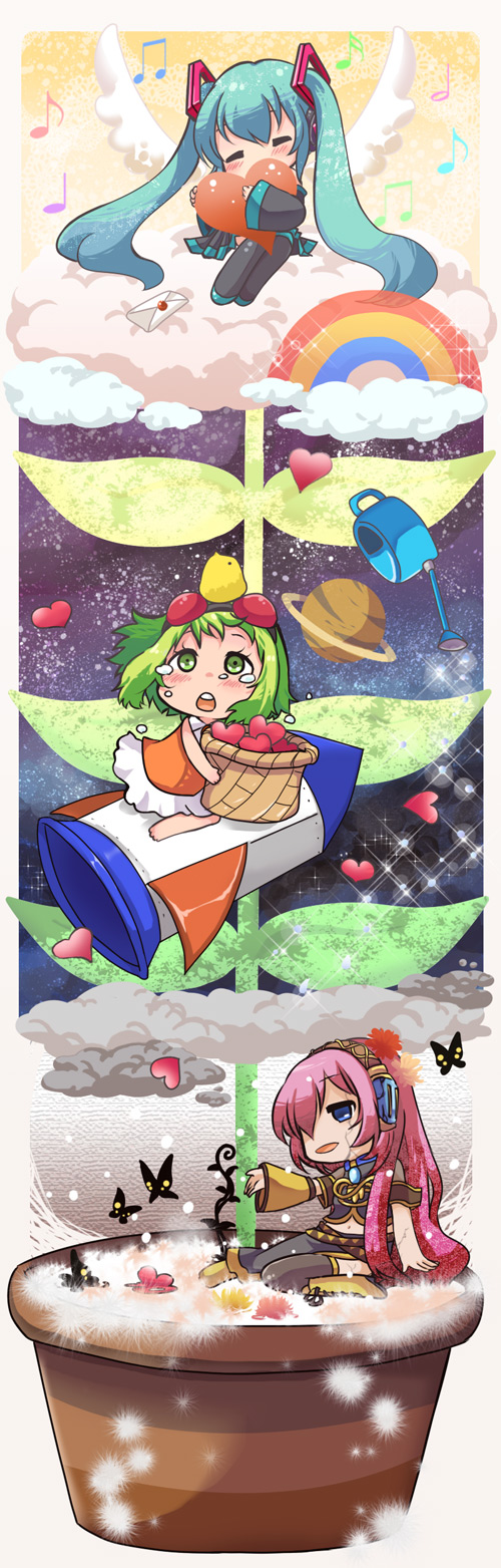 3girls, aqua_eyes, blue_eyes, blush, bug, butterfly, campanella_(vocaloid), chibi