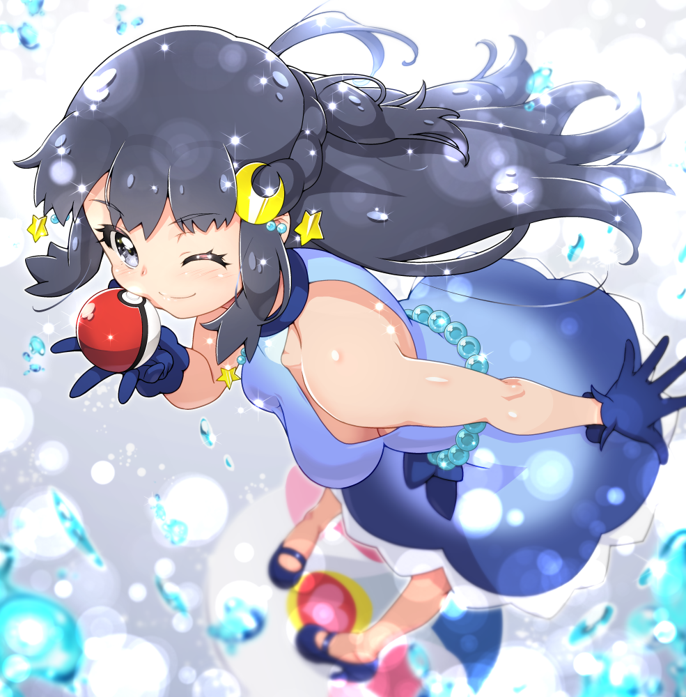 1girl, ;), bare_arms, beads, blue_dress, blue_footwear, blue_gloves, blurry