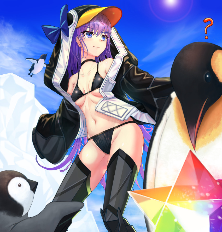 1girl, absurdres, animal_costume, animal_hood, bikini, bird, black_bikini, black_jacket