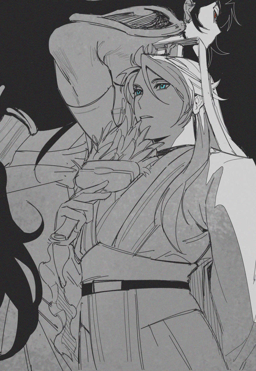 2boys, absurdres, back_arrow, blue_eyes, bracelet, feather_fan, futuzheyenpi_(thermal), greyscale