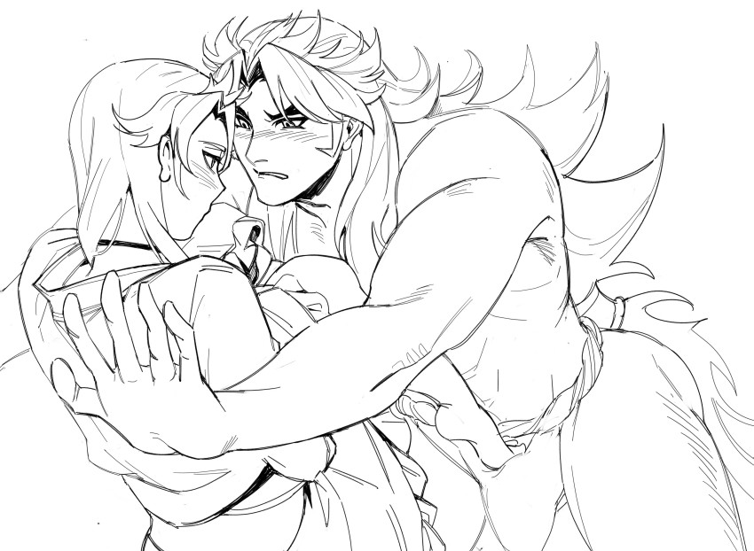 2boys, absurdres, back_arrow, blush, eye_contact, futuzheyenpi_(thermal), greyscale, highres