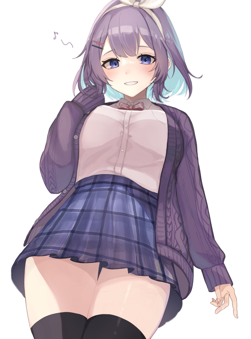 1girl, black_thighhighs, blue_eyes, blue_hair, blush, breasts, cardigan, collared_shirt