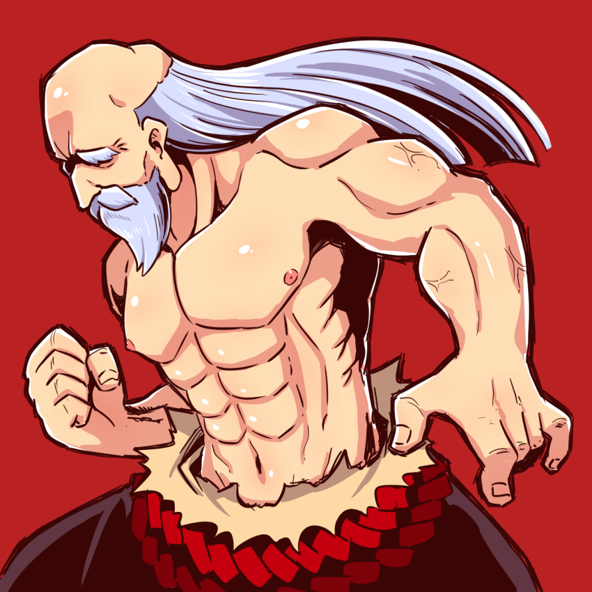 1boy, abs, beard, black_pants, clenched_hand, commentary_request, etrian_odyssey, facial_hair