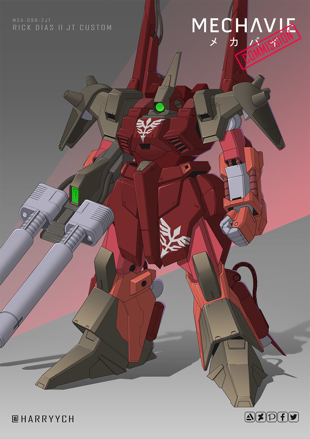 character_name, clenched_hand, commentary, commission, english_commentary, green_eyes, gun, gundam, gundam_msv, harryych, highres, holding, holding_gun, holding_weapon, looking_ahead, mecha, mobile_suit, no_humans, one-eyed, rick_dias_ii, robot, science_fiction, shadow, solo, standing, weapon, zeta_gundam