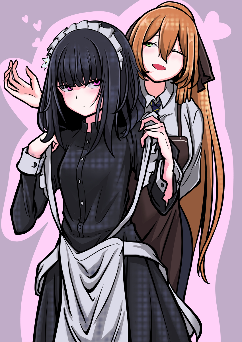 2girls, absurdres, alternate_costume, apron, bad_id, bad_pixiv_id, black_hair, blush