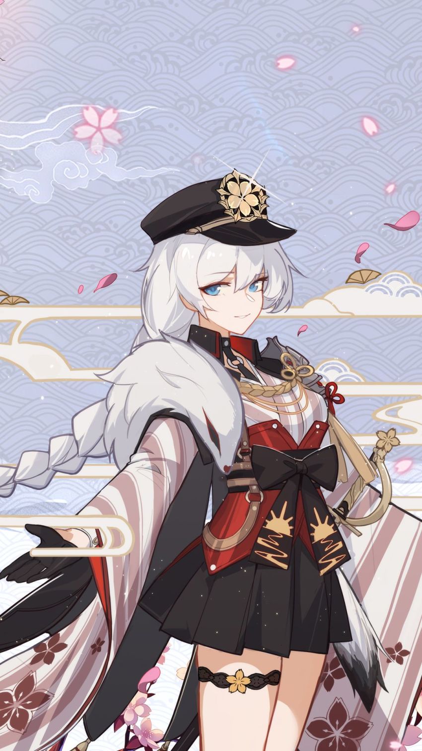 1girl, artist_request, black_gloves, black_hat, blue_eyes, braid, braided_ponytail, breasts