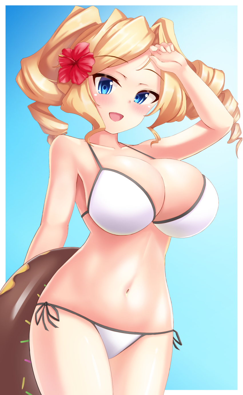 1girl, bad_id, bad_pixiv_id, bikini, blonde_hair, blue_eyes, border, breasts, cleavage, commentary_request, cowboy_shot, donut_innertube, drill_hair, flower, hair_flower, hair_ornament, hemosianin, highres, honolulu_(kancolle), honolulu_(swimsuit)_(kancolle), innertube, kantai_collection, large_breasts, long_hair, navel, side-tie_bikini_bottom, solo, standing, swim_ring, swimsuit, twin_drills, twintails, white_bikini, white_border
