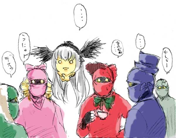 5boys, black_wings, blonde_hair, bonnet, bow, cosplay, crossover, cup