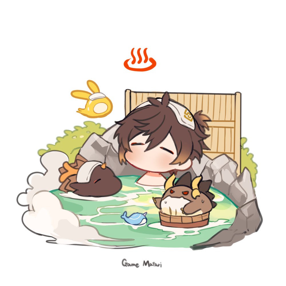 1boy, animalization, antenna_hair, azhdaha_(genshin_impact), bath, border0715, brown_hair, bush