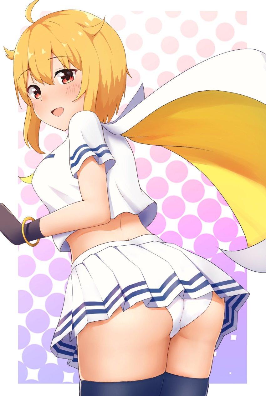 1girl, ahoge, ass, blonde_hair, cape, dress, fingerless_gloves, gloves