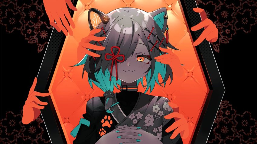 1girl, :3, animal_ears, aqua_hair, aqua_nails, collar, commentary, disembodied_hand, dog_ears, dog_girl, eye_(vocaloid), fingernails, floral_print, hair_ornament, hair_over_one_eye, heart, heart-shaped_pupils, interlocked_fingers, looking_at_viewer, miyoshino_shiki, nail_polish, official_art, one_eye_covered, orange_eyes, orange_hair, orange_theme, own_hands_clasped, own_hands_together, paw_print, power_symbol, prism_project, red_ribbon, ribbon, sawtowne, short_hair, solo_focus, symbol-shaped_pupils, virtual_youtuber, vocaloid