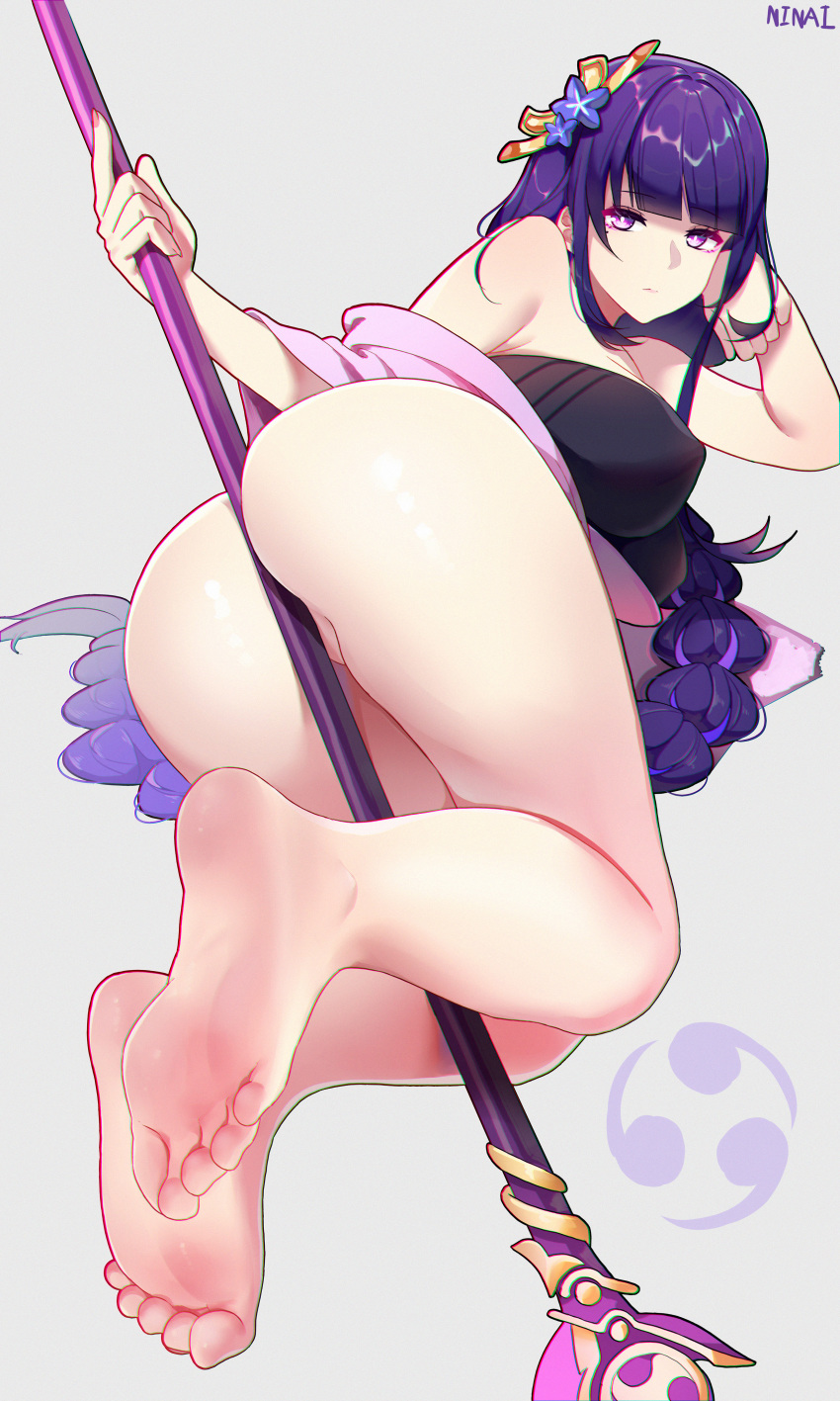 1girl, absurdres, ass, bare_arms, bare_legs, bare_shoulders, barefoot, blue_hair, feet, flower, foot_focus, foreshortening, genshin_impact, highres, holding, holding_staff, long_hair, looking_at_viewer, looking_back, nail_polish, ninai, no_panties, purple_flower, purple_hair, purple_nails, raiden_shogun, soles, staff, staff_riding, toes