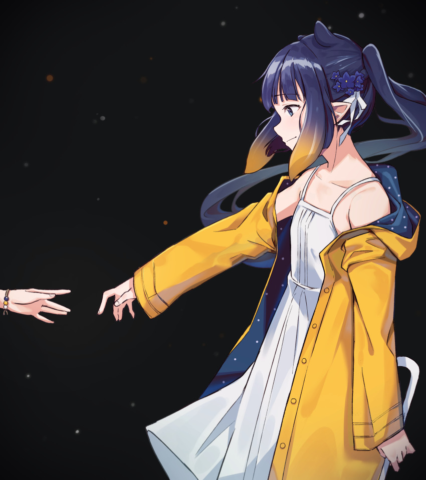 1girl, alternate_hairstyle, animal_ears, black_background, blonde_hair, blue_eyes, blush, bracelet