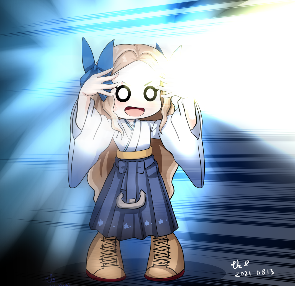 1girl, asakaze_(kancolle), blue_bow, blue_eyes, blue_hakama, boots, bow, commentary_request