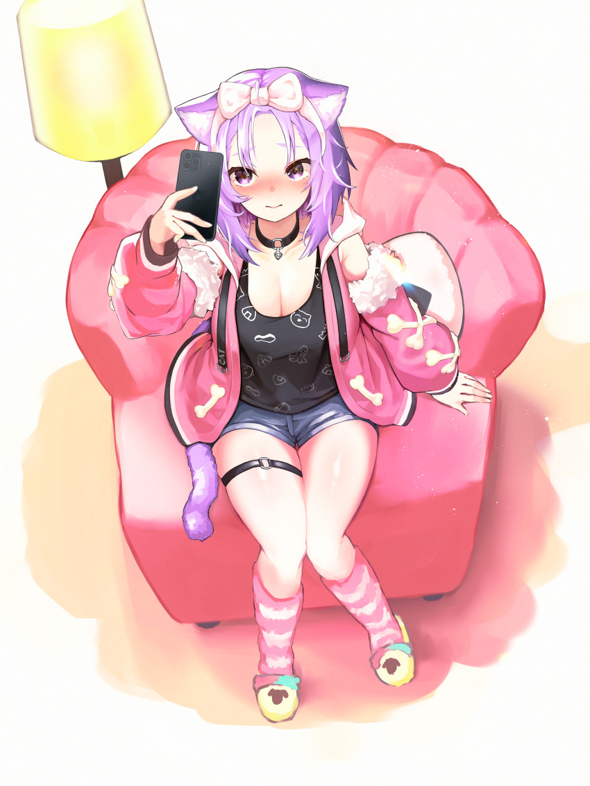 1girl, absurdres, ahoge, animal_ears, armpit_crease, black_choker, black_shirt, blue_shorts, blush, bow, breasts, cat_ears, cat_girl, cat_tail, cellphone, chair, choker, cleavage, closed_mouth, coat, commentary, cosplay, denim, denim_shorts, embarrassed, forehead, full_body, fur-trimmed_coat, fur_hairband, fur_trim, furrowed_brow, hairband, highres, holding, holding_phone, hololive, hood, hooded_jacket, huge_filesize, inugami_korone, inugami_korone_(cosplay), inugami_korone_(roomwear), jacket, knees_together_feet_apart, lampshade, light_purple_hair, medium_breasts, medium_hair, murako_(murakumoko), nekomata_okayu, o-ring, o-ring_choker, o-ring_legwear, o-ring_thigh_strap, official_alternate_costume, open_clothes, open_jacket, parted_bangs, phone, pink_jacket, pink_socks, print_shirt, purple_eyes, selfie, shirt, short_shorts, shorts, simple_background, sitting, skindentation, slippers, smartphone, socks, solo, tail, thigh_strap, thighs, virtual_youtuber, white_background, white_bow, yellow_slippers