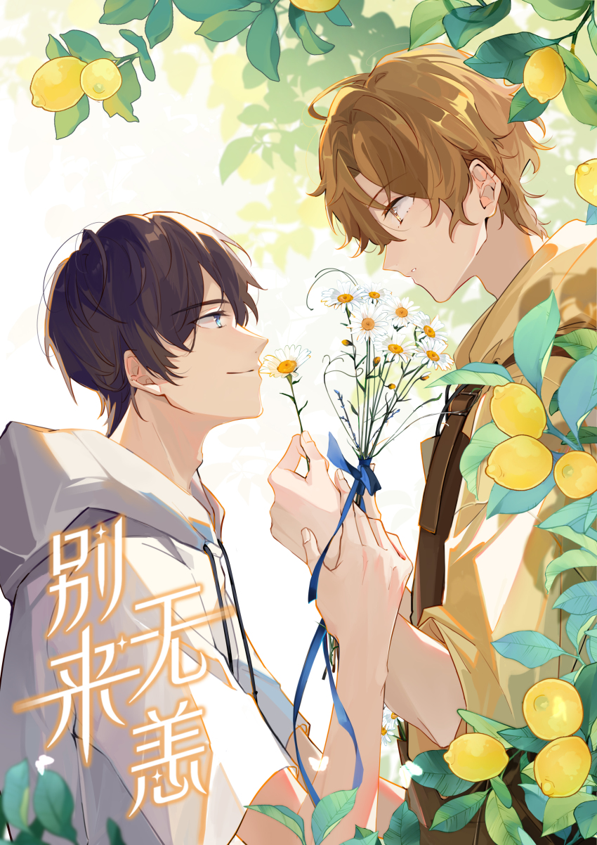 2boys, absurdres, apron, blue_eyes, brown_apron, brown_eyes, brown_hair, closed_mouth, commentary, daisy_(flower), eye_contact, flower, food, from_side, fruit, highres, holding, holding_flower, holding_hands, hood, hood_down, hoodie, leaf, lemon, looking_at_another, male_focus, multiple_boys, original, parted_lips, short_hair, short_sleeves, smile, suyako_(suya93), translation_request, tree, very_short_hair, white_flower, white_hoodie, yaoi, yellow_hoodie