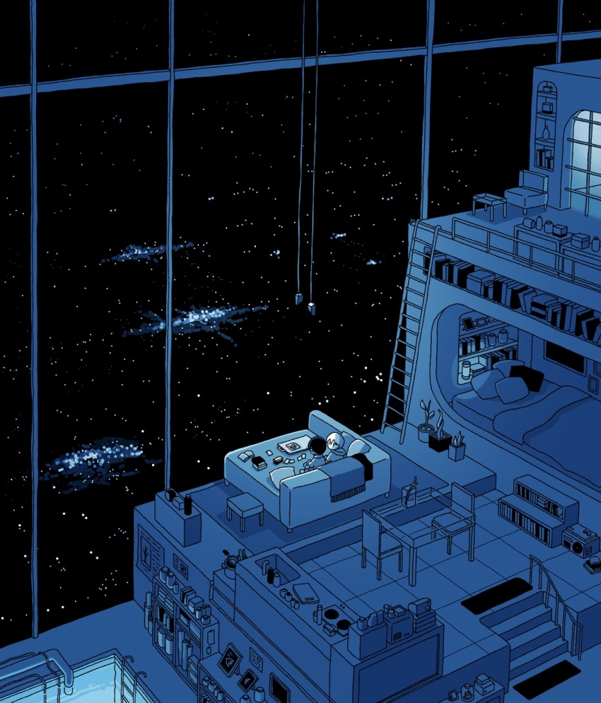 2boys, bed, blanket, blue_theme, book, book_stack, bookshelf, chair, commentary_request, couch, cushion, cutting_board, hanging_light, highres, hood, hoodie, indoors, industrial_pipe, jar, ladder, limited_palette, multiple_boys, night, on_couch, open_book, original, picture_frame, pillow, plant, pool, potted_plant, railing, sakatsuki_sakana, scenery, short_hair, sink, sky, stairs, star_(sky), starry_sky, stool, stove, table, very_wide_shot, window