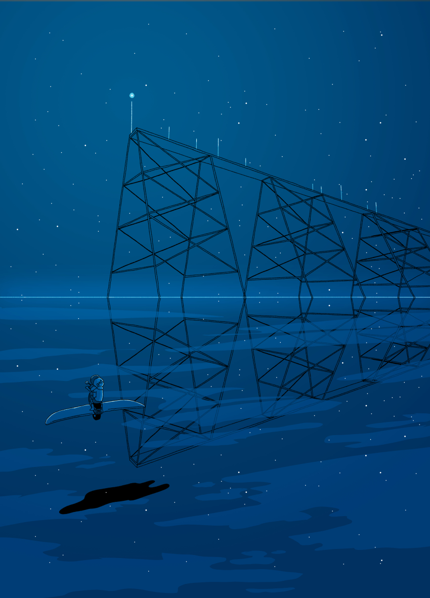 2boys, absurdres, blue_theme, building, commentary_request, highres, horizon, limited_palette