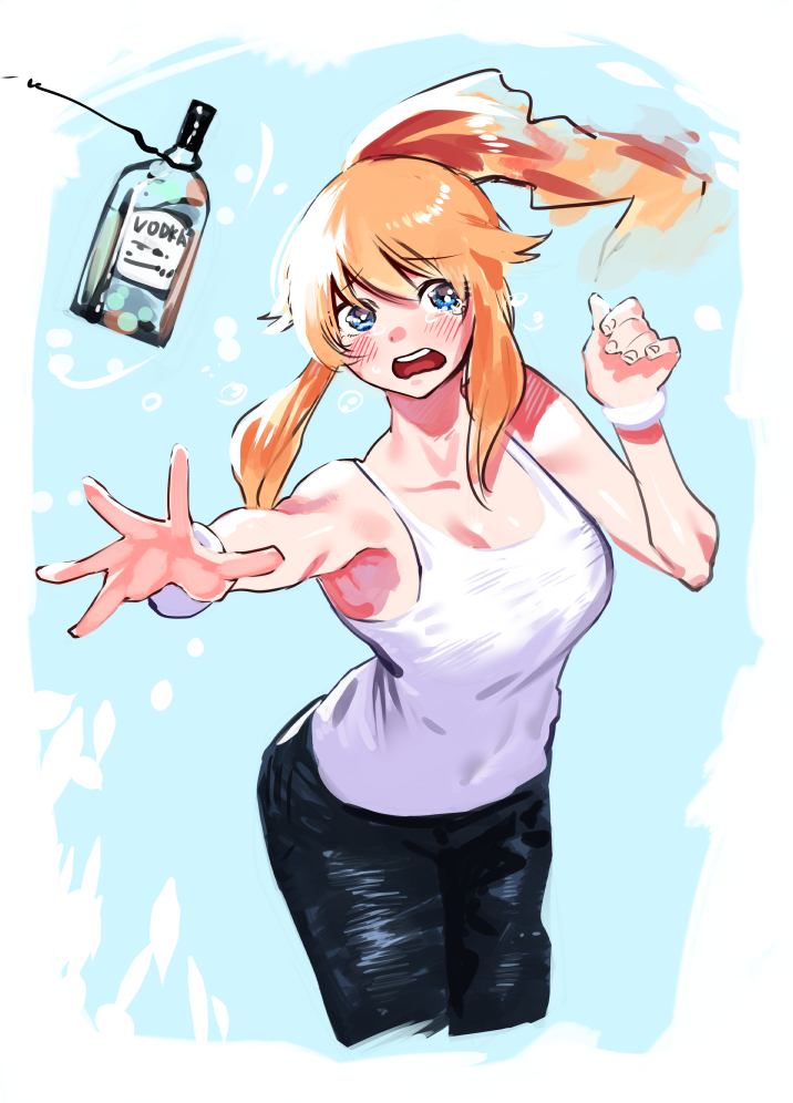 1girl, alcohol, andreanof_pepesha, bare_arms, bare_shoulders, black_pants, blush, bottle