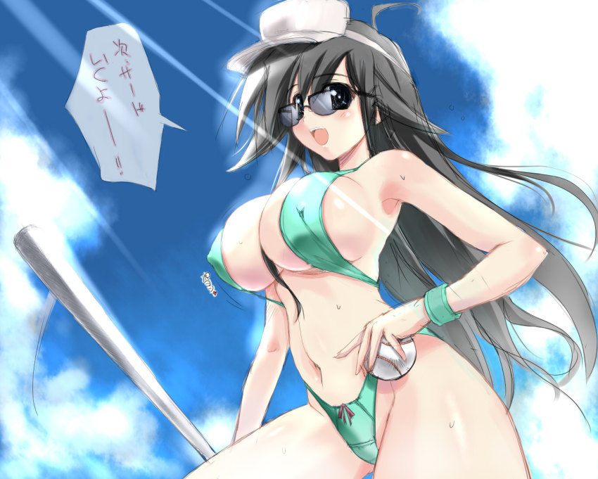 1girl, baseball_bat, baseball_cap, bikini, black_eyes, black_hair, blush, breasts