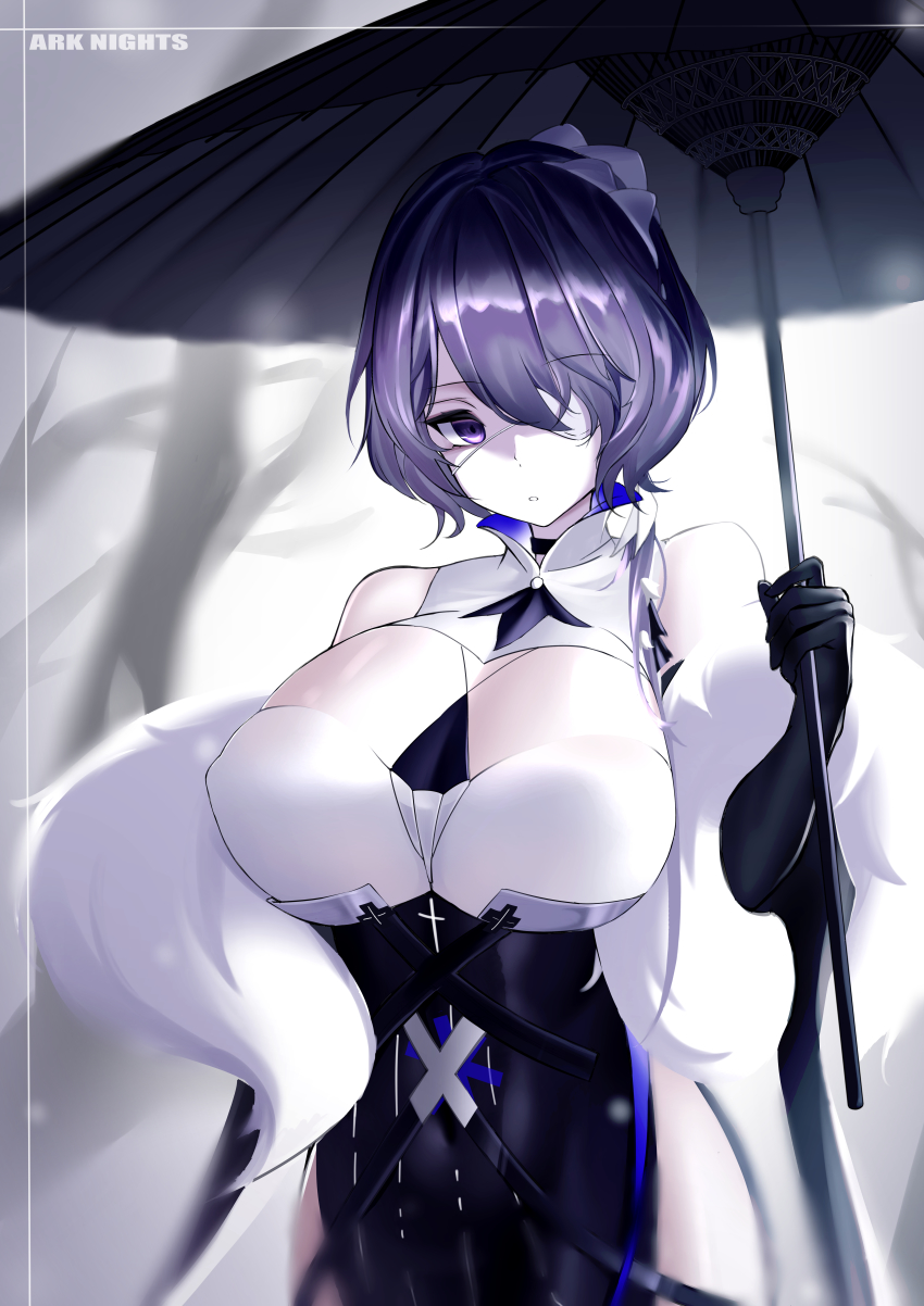 1girl, absurdres, arknights, bare_shoulders, black_gloves, breasts, dress, eyepatch