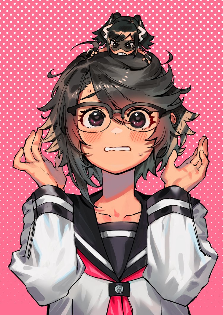 2girls, angry, bad_id, bad_twitter_id, black-framed_eyewear, black_eyes, black_gloves, black_hair