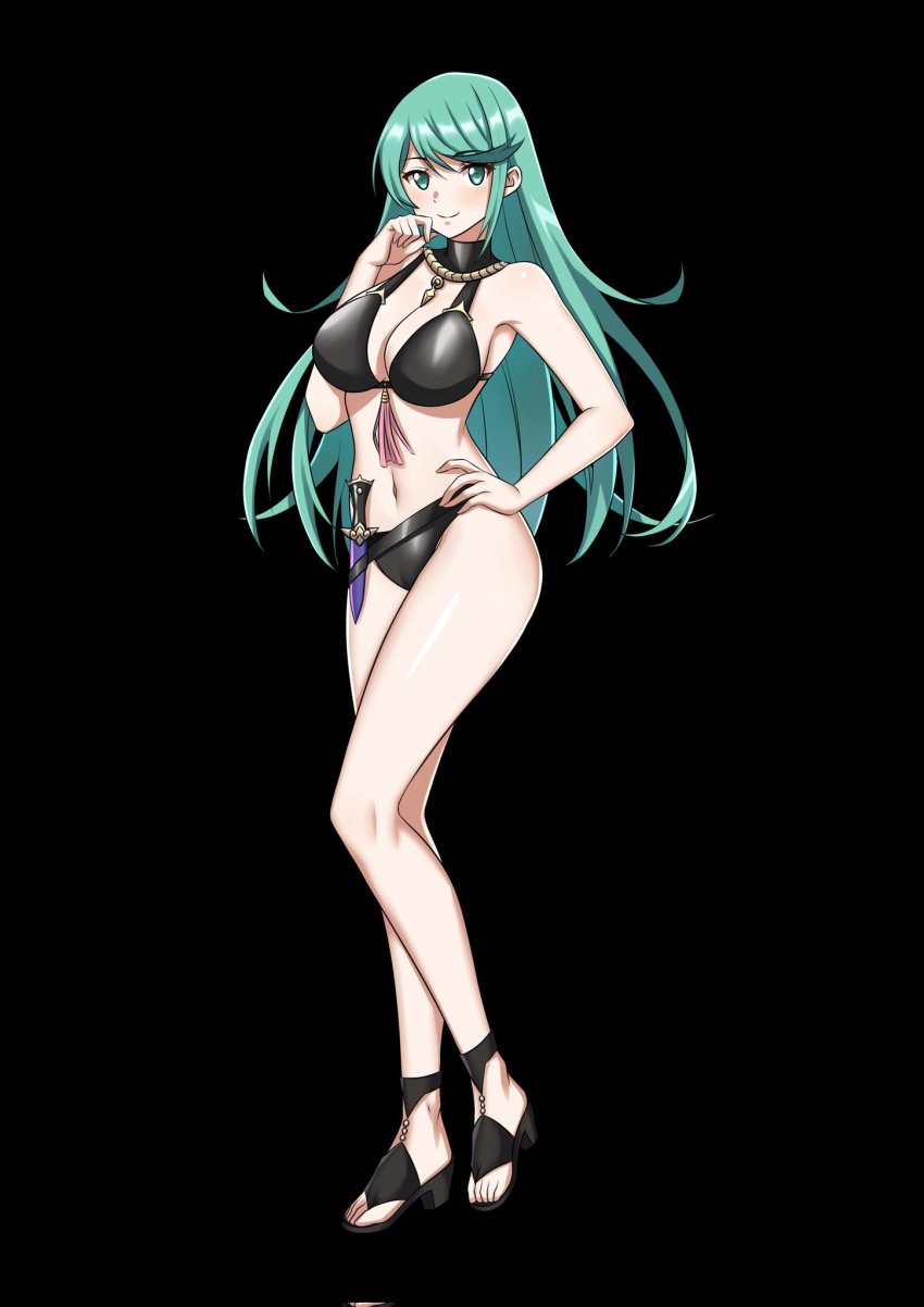 1girl, alternate_costume, aqua_eyes, aqua_hair, bikini, black_background, black_bikini, black_sandals