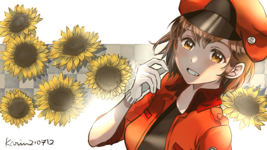 1girl, ae-3803, artist_name, black_shirt, brown_eyes, brown_hair, newsboy_cap, commentary, dated, eyelashes, flower, gloves, grin, hair_strand, hat, hataraku_saibou, jacket, karin_(yutchinyutchin1), light_blush, looking_at_viewer, messy_hair, red_blood_cell_(hataraku_saibou), red_headwear, red_jacket, shaded_face, shirt, short_hair, signature, smile, sunflower, upper_body, white_background, white_gloves, window