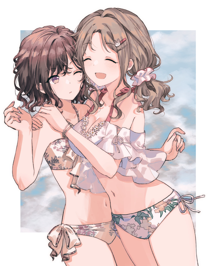 2girls, :d, ^_^, absurdres, bikini, blush, breasts, brown_hair