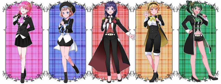 5girls, amaki_ikuma, ankle_boots, arm_behind_back, blonde_hair, blue_eyes, blue_hair, bob_cut