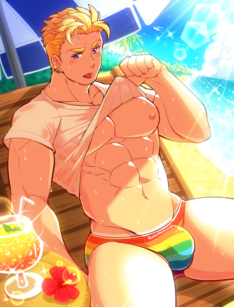 1boy, abs, aopanda, bara, beach, blonde_hair, blue_eyes, blue_sky, bulge, clothes_lift, cloud, day, drink, earrings, flower, hunks_workshop!, jewelry, large_pectorals, lgbt_pride, light_rays, looking_at_viewer, male_focus, male_swimwear, multiple_earrings, muscular, muscular_male, navel, nipples, ocean, outdoors, parasol, pectorals, print_male_swimwear, shinomiya_kazushi, shirt, shirt_lift, short_hair, sky, solo, summer, sunbeam, sunlight, sweat, swim_briefs, tan, tanline, thighs, tongue, tongue_out, umbrella, white_shirt, yaoi