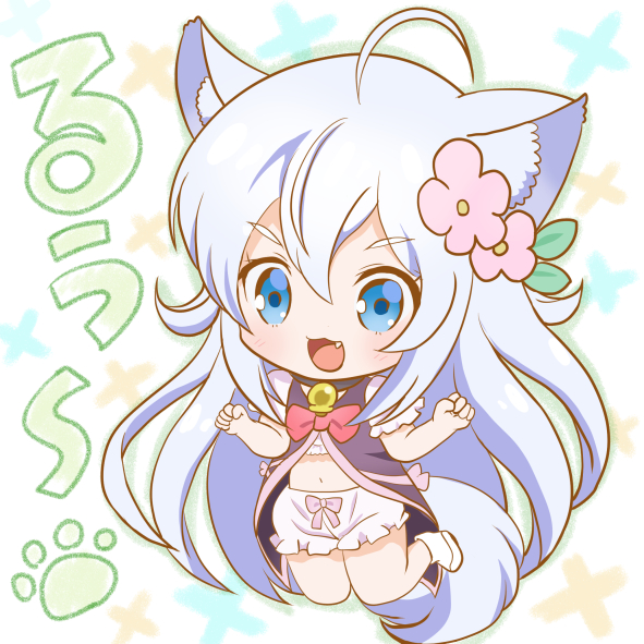 1girl, :3, :d, ahoge, animal_ear_fluff, animal_ears, bloomers, blue_eyes, cheat_kusushi_no_slow_life, chibi, fang, flower, hair_flower, hair_ornament, hanpen_moufu, long_hair, midriff, noela_(cheat_kusushi_no_slow_life), open_mouth, silver_hair, simple_background, smile, solo, tail, underwear, wolf_ears, wolf_girl, wolf_tail