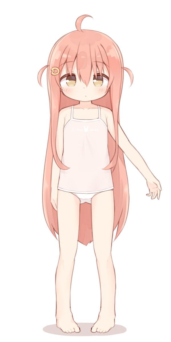 1girl, ahoge, bare_arms, bare_legs, bare_shoulders, barefoot, blush, brown_eyes, brown_hair, camisole, closed_mouth, full_body, gluteal_fold, hair_between_eyes, hair_ornament, hairclip, highres, ii_(ayanepuna), long_hair, looking_at_viewer, original, panties, pigeon-toed, pink_camisole, shadow, solo, standing, two_side_up, underwear, underwear_only, very_long_hair, white_background, white_panties, yuune_(ayanepuna)