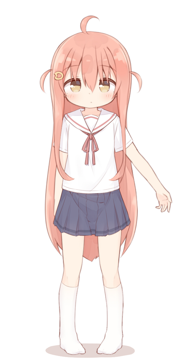 1girl, ahoge, black_skirt, blush, brown_eyes, brown_hair, closed_mouth, full_body