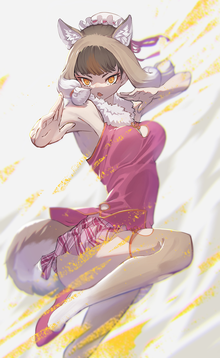 1girl, action, animal_ears, bare_shoulders, brown_hair, china_dress, chinese_clothes, cowboy_shot, don3, dress, extra_ears, flats, fur_collar, hair_bun, hair_tubes, highres, kemono_friends, light_brown_hair, mongolian_wolf_(kemono_friends), multicolored_hair, orange_eyes, plaid_clothes, plaid_skirt, pleated_skirt, purple_dress, purple_footwear, purple_skirt, single_hair_bun, skirt, sleeveless, solo, tail, thighhighs, white_fur, white_hair, wolf_ears, wolf_girl, wolf_tail, zettai_ryouiki