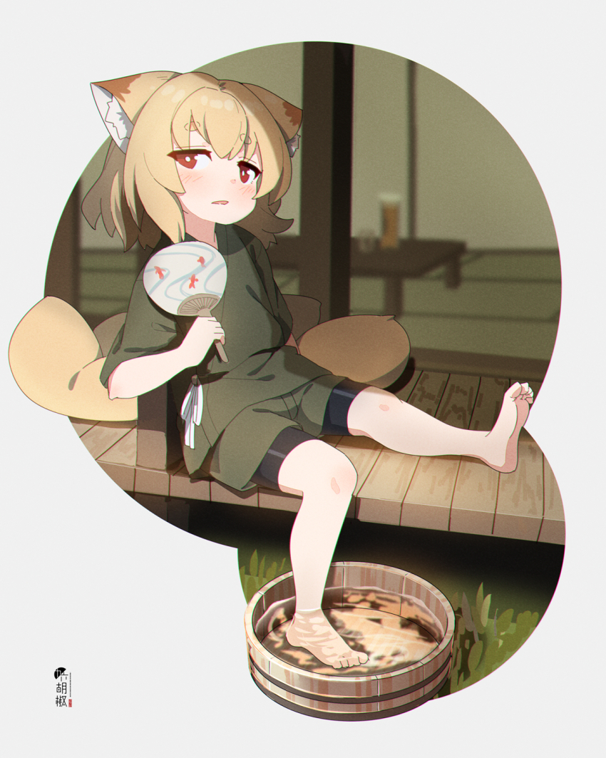1girl, animal_ear_fluff, animal_ears, barefoot, bike_shorts, black_shorts, blush, brown_hair, commentary_request, fox_ears, fox_girl, fox_tail, full_body, green_kimono, green_shorts, hand_fan, highres, holding, holding_fan, indie_virtual_youtuber, japanese_clothes, kamiya_ris, kimono, kuro_kosyou, looking_at_viewer, paper_fan, parted_lips, red_eyes, short_eyebrows, short_shorts, shorts, shorts_under_shorts, sitting, solo, tail, thick_eyebrows, uchiwa, veranda, virtual_youtuber, water